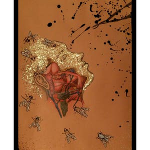 Hypocrita | Original Work | Signed | Gift | Anatomy | Copper | Surrealism | Gold Glitter | Flies | Sparkling | Art by Mona King