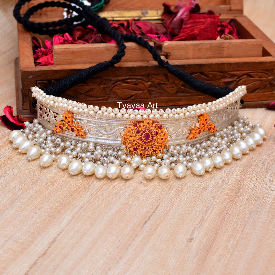 Buy South Indian Choker Necklace, Silver Look Alike, Handmade Oxidized
