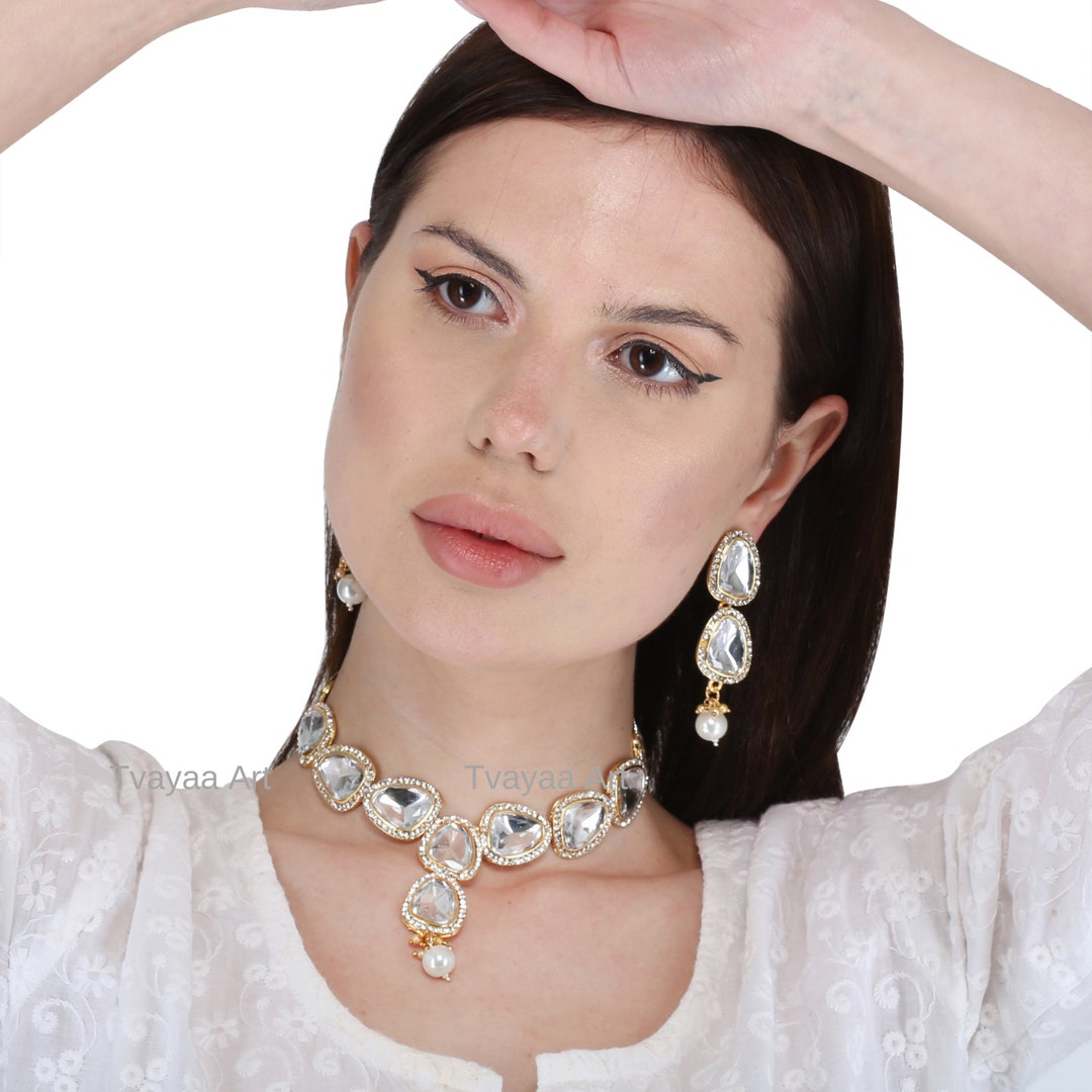 Indian Kundan Choker Necklace Set, Polki Kundan Statement Necklace