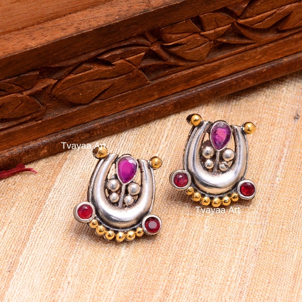 Bollywood Oxidized Dual Tone Handmade Stud Earrings, Silver Golden Polish, Silver Oxidized, Ethnic Studs, Indian Tribal Statement Jewelry