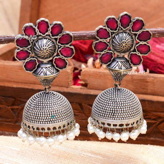 Shop Gold N Red Jhumka Earrings Festive Wear Online at Best Price | Cbazaar