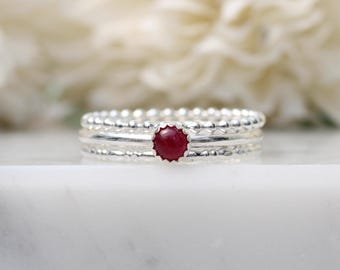 Ruby Stacking Ring Set: Sterling Silver July Birthstone - Size P