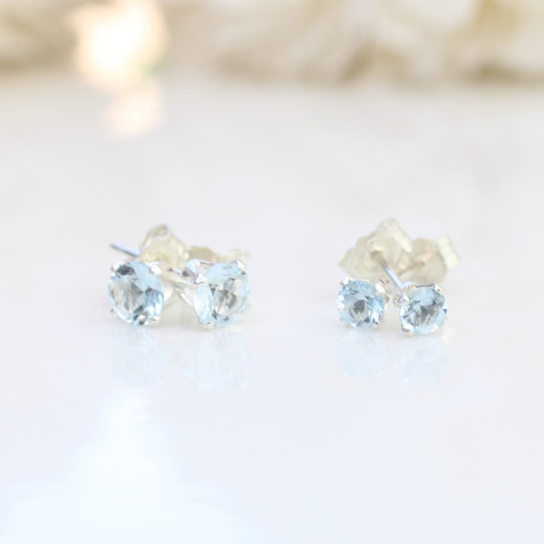 Natural aquamarine stud earrings in sterling silver or gold fill size 3 mm or 4mm. March birthstone earrings. Mothers day gift.