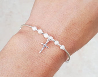 Sterling silver cross bracelet with optional personalised initial tag. Confirmation gift. Sterling silver noodle bracelet.