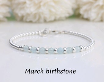 Aquamarine bracelet in sterling silver with optional initial, number or zodiac sign. March birthstone bracelet. Mothers day gift.