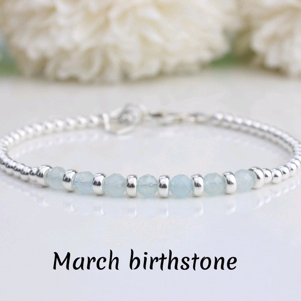 Aquamarine bracelet in sterling silver with optional initial, number or zodiac sign. March birthstone bracelet.