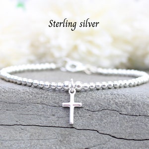 Sterling silver cross bracelet for women or girls with optional personalised initial tag. Confirmation gift. Mothers day gift.