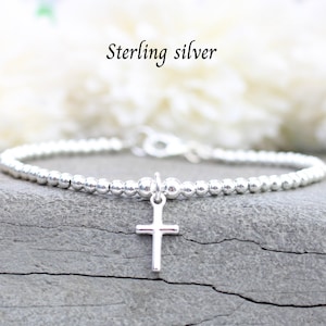 Sterling silver cross bracelet for women or girls with optional personalised initial tag. Confirmation gift. Mothers day gift.