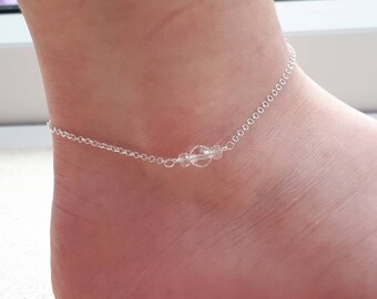 Crystal quartz anklet. April birthstone gift. Anklets for women sterling silver. Mothers day gift.