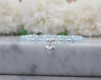 Sterling silver and aquamarine stretch bracelet. March birthstone gift.  March birthstone bracelet.