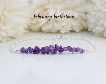 Raw amethyst bracelet in sterling silver - adjustable up to 8 inches. February birthstone bracelet.