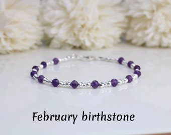 Amethyst bracelet sterling silver with optional personalised initial tag. February birthstone bracelet.  Mothers day gift.