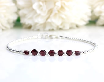 Garnet bracelet sterling silver with optional personalised initial tag. January birthstone bracelet. Mothers day gift.