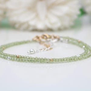 Skinny peridot bracelet in sterling silver or gold filled . August birthstone bracelet. August birthday gift.