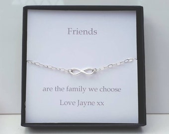 Sterling silver infinity bracelet. "Friends are the family we choose". Friendship bracelet. Mothers day gift.