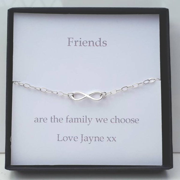 Sterling silver infinity bracelet. "Friends are the family we choose". Friendship bracelet. Mothers day gift.