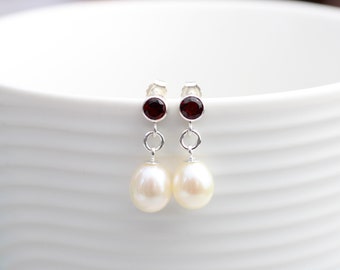 Garnet and pearl drop earrings. Vintage inspired earrings. January birthstone earrings.  Mothers day gift.