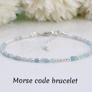 Skinny aquamarine bracelet in sterling silver. " I love you" morse code bracelet. March birthstone bracelet. NEW for 2024!