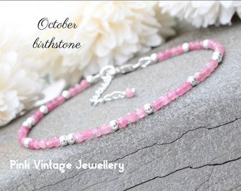 Pink tourmaline bracelet sterling silver with optional personalised heart tag. October birthstone bracelet. Christmas gifts for women.