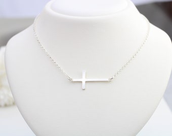 Sideways cross necklace sterling silver - available as a choker or standard sizes. Confirmation gift for girls or women. Mothers day gift.