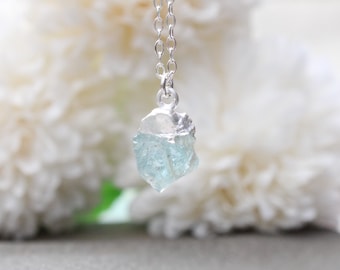 Raw aquamarine necklace sterling silver. March birthstone necklace. Available in child and adult sizes. Mothers day gift.