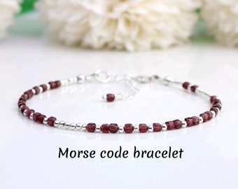 Skinny garnet bracelet in sterling silver. " I love you" morse code bracelet. January birthstone bracelet.  Mothers day gift.