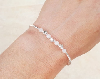 Moonstone bracelet sterling silver with sterling silver stars - with optional personalised tag. June birthstone bracelet. June birthday.