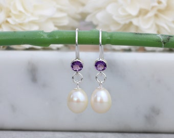 Amethyst and pearl drop earrings. Freshwater pearl drop earrings. Vintage inspired earrings. February birthstone earrings. Mothers day gift.