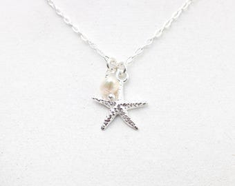 Collar con estrella de mar y perla de agua dulce en plata de ley. Joyería playera.