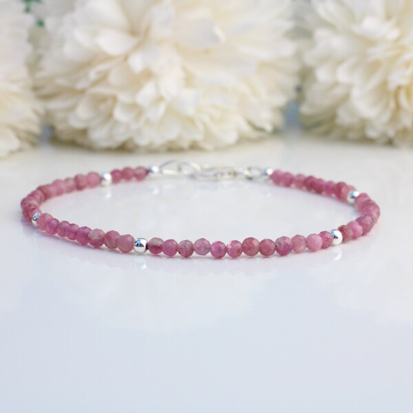 October birthstone bracelet. Pink tourmaline bracelet sterling silver with optional personalised heart tag. Valentines day gift