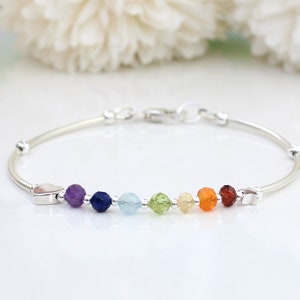 Chakra bracelet in silver - gemstones - amethyst, lapis lazuli, aquamarine, peridot, citrine, carnelian, garnet. Mothers day gift.