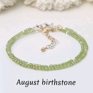 Skinny peridot bracelet in sterling silver or gold filled . August birthstone bracelet. August birthday gift.