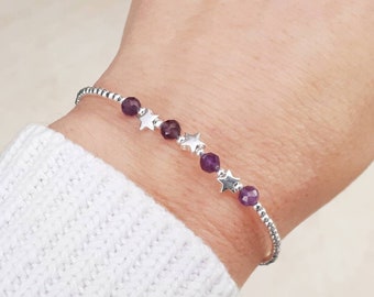 Amethyst star bracelet in sterling silver. February birthstone bracelet.