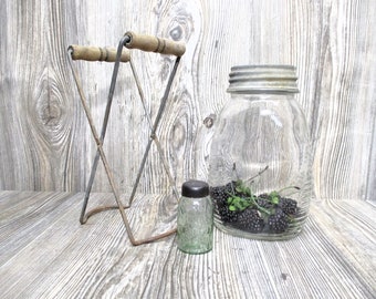 Large Old Canning Jar with Lifter, Primitive Kitchen Decor, Vintage Jar Lifter, Rustic Jar, Canning Utensil, Collectible