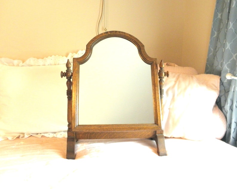 Antique Swivel Wood Mirror Mid Century Dressing Table Vintage Vanity Shaving Farmhouse Decor Cottage Dresser Top