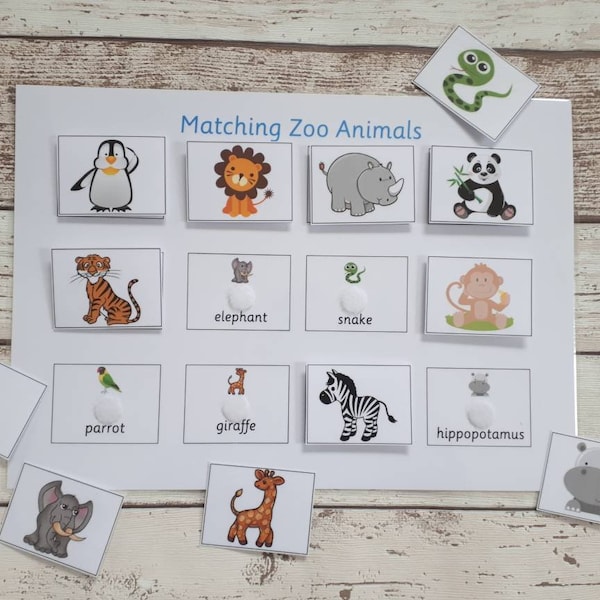 Zoo animals matching game, educational learning resource, home schooling, early years, animal activity, word recognition, learn animal names