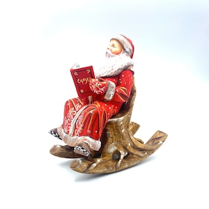 Wooden Carved Santa Claus #0031 9.8&quot; Height Hand carved St. Nicolas on Rocking Chair decor Gift for her / Family present /Christmas gift