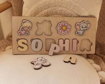 Customizable Wooden Puzzle for Girls, Personalized Educational Toy with Name and Additional Elements