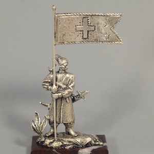 Silver Metal sculpture &quot;Cossack with Flag&quot; Handmade in Ukraine