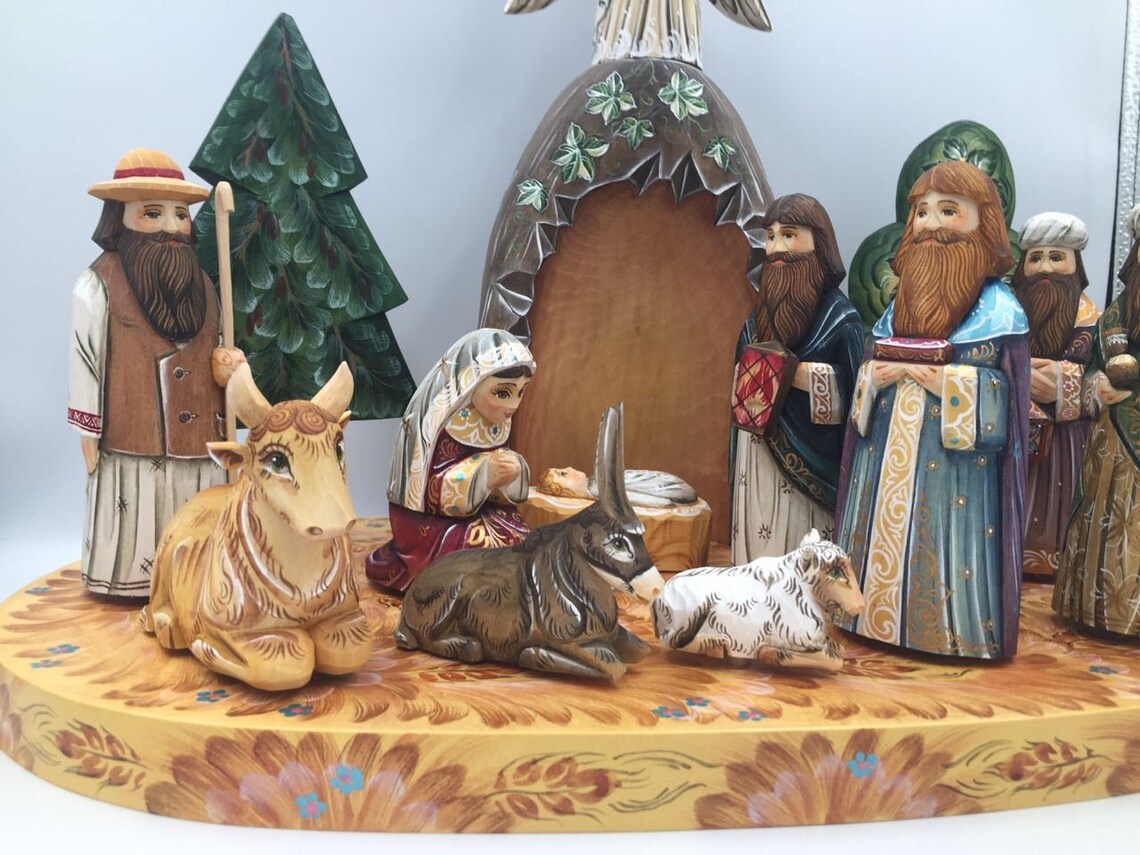 17 Wooden Nativity Set Scene Holy Family Hand painted Etsy
