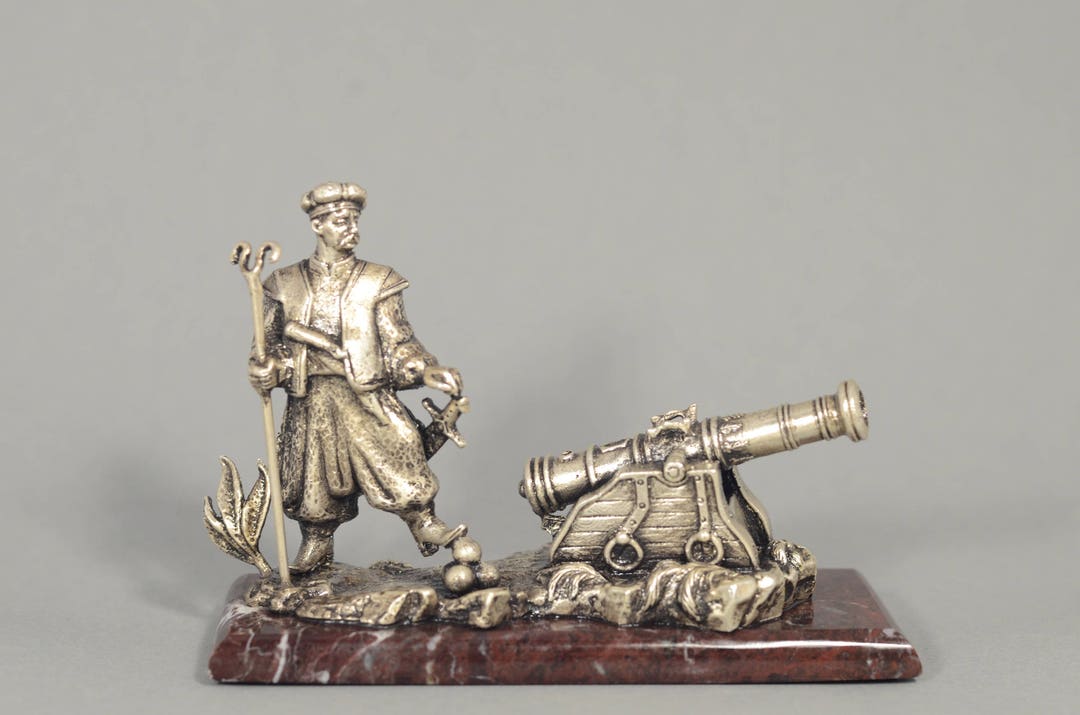 Made in Ukraine Silver Metal Sculpture cossack With Cannon Handmade in