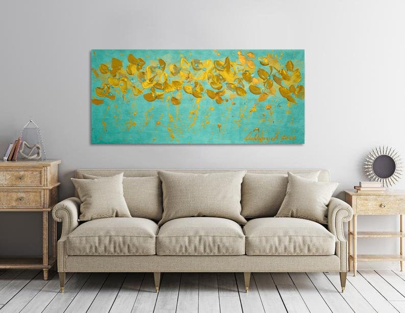 Extra Large Wall Art Long Narrow Wall Art Mint Flower Impasto Gold
