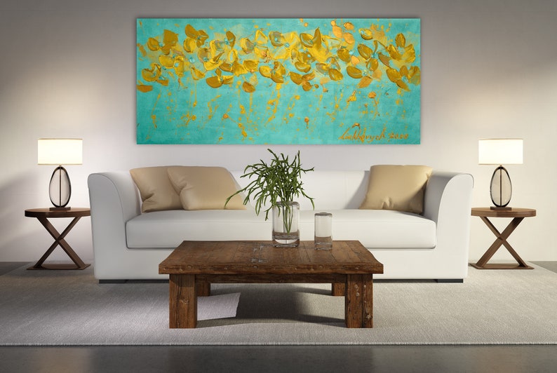 Extra large wall art Long narrow wall art Mint flower impasto Etsy