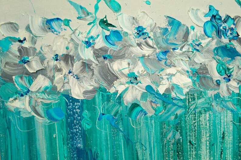 Navy turquoise white impasto wall art Mint flower White mint Etsy