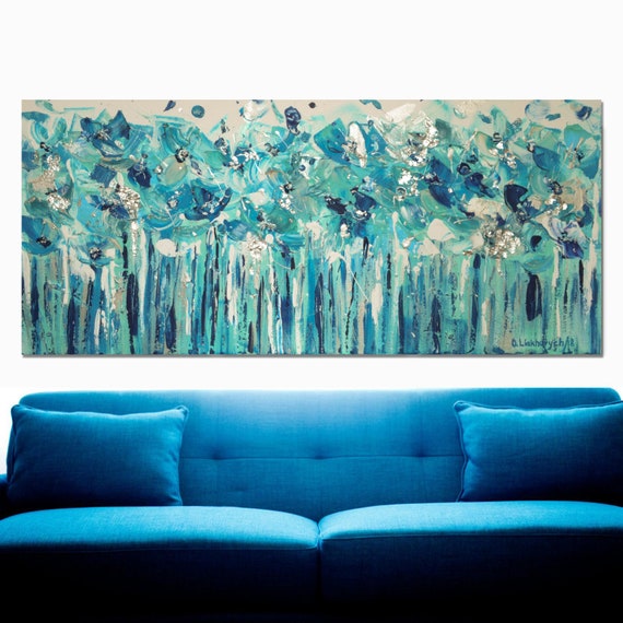 Extra Large Wall Art Canvas Texture Blue Navy Turquoise White Impasto Narrow Horizontal Palette Knife Impasto Master Bedroom Aqua Canvas