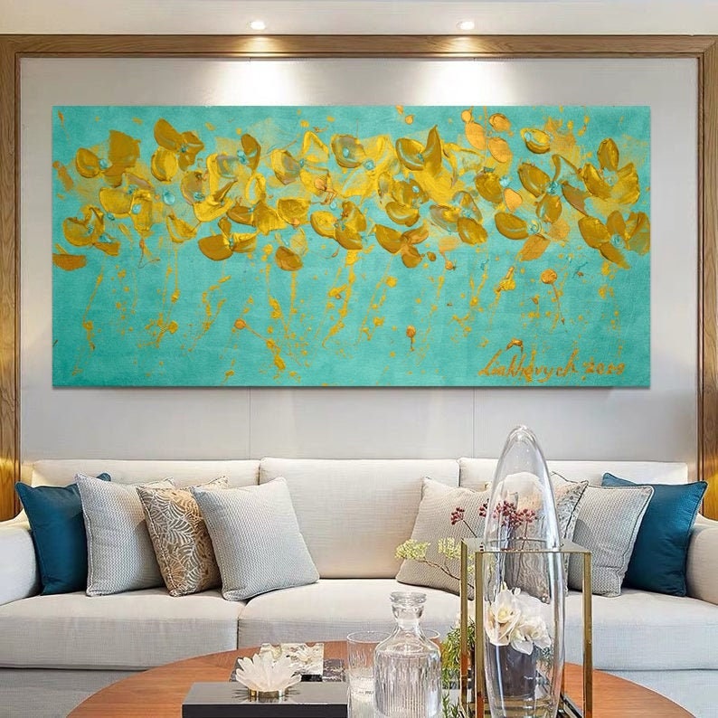 Extra large wall art Long narrow wall art Mint flower