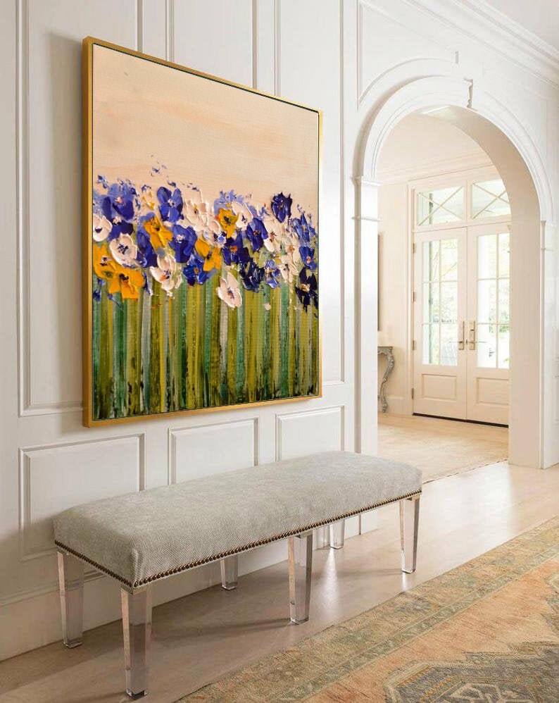 Extra Large Wall Art Navy Flower Impasto Oversized Blue Canvas Etsy