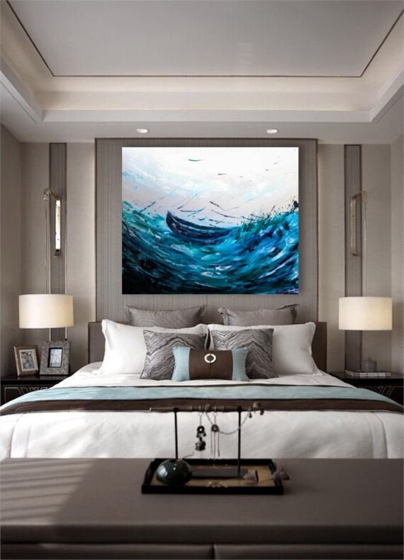 Extra Large Wall Art Navy Turquoise Blue Masculine Impasto Art Master Bedroom Aqua Canvas Navy Mint Heavy