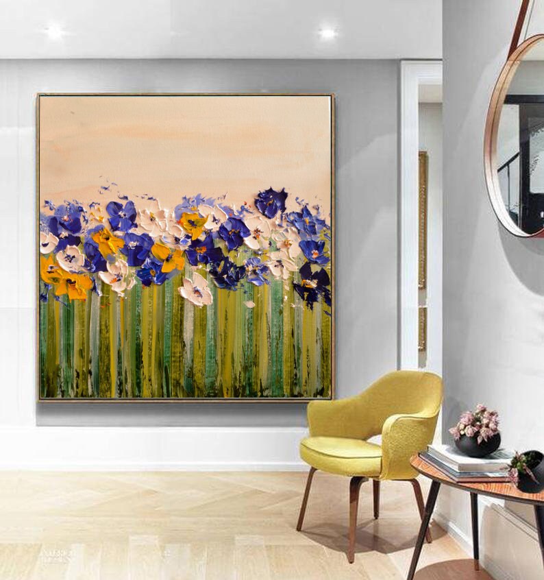 Extra Large Wall Art Navy Flower Impasto Oversized Blue Canvas Etsy