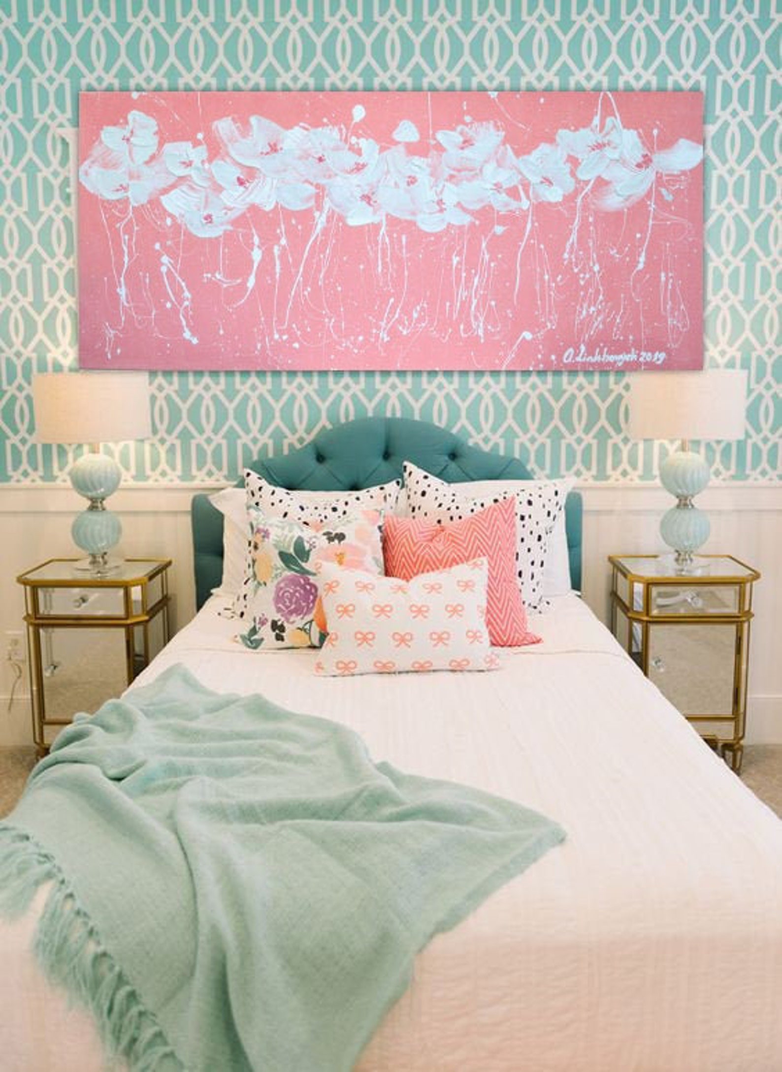 Master bedroom coral canvas wall art Long flower impasto Coral Etsy